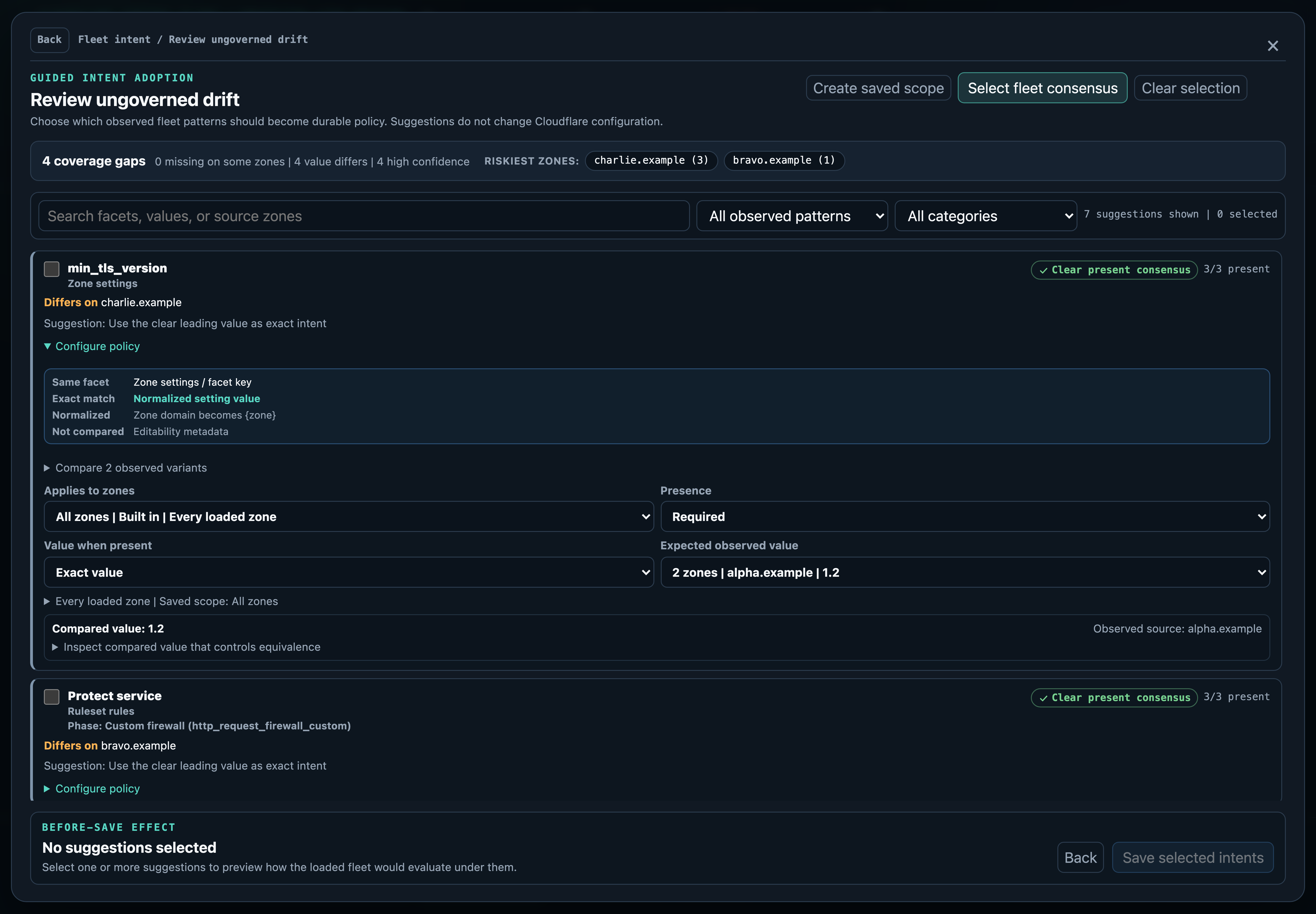 Guided intent adoption screen summarizing coverage gaps and the riskiest zones above a prioritized list of ungoverned facets whose policy controls are revealed on demand.