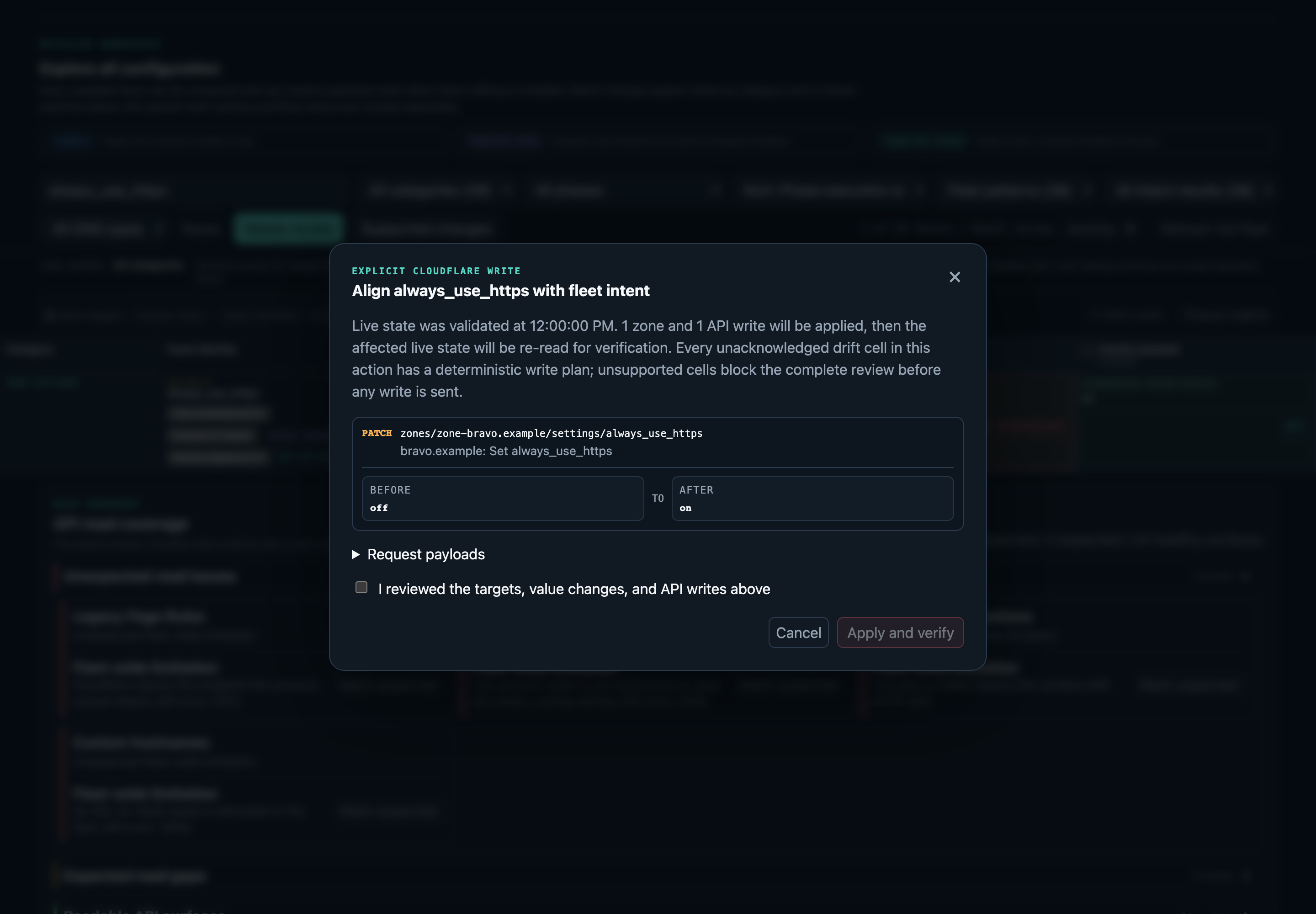 Cloudflare Fleet intent alignment confirmation for a synthetic zone setting, showing the target zone, live current and desired values, API endpoint, method, and review acknowledgement.