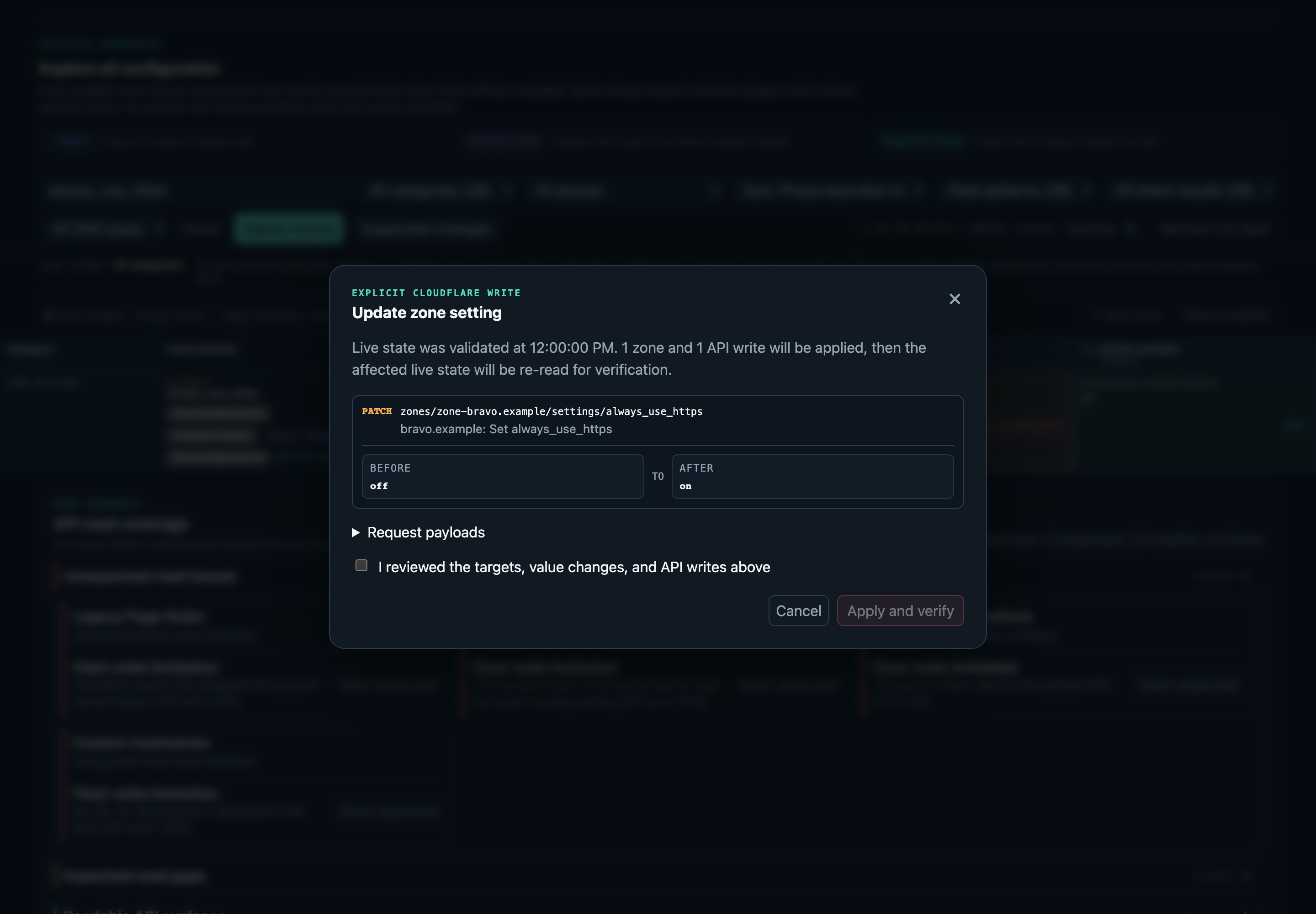 Cloudflare Fleet write confirmation showing a synthetic zone setting PATCH, before and after values, request payload disclosure, and review acknowledgement.