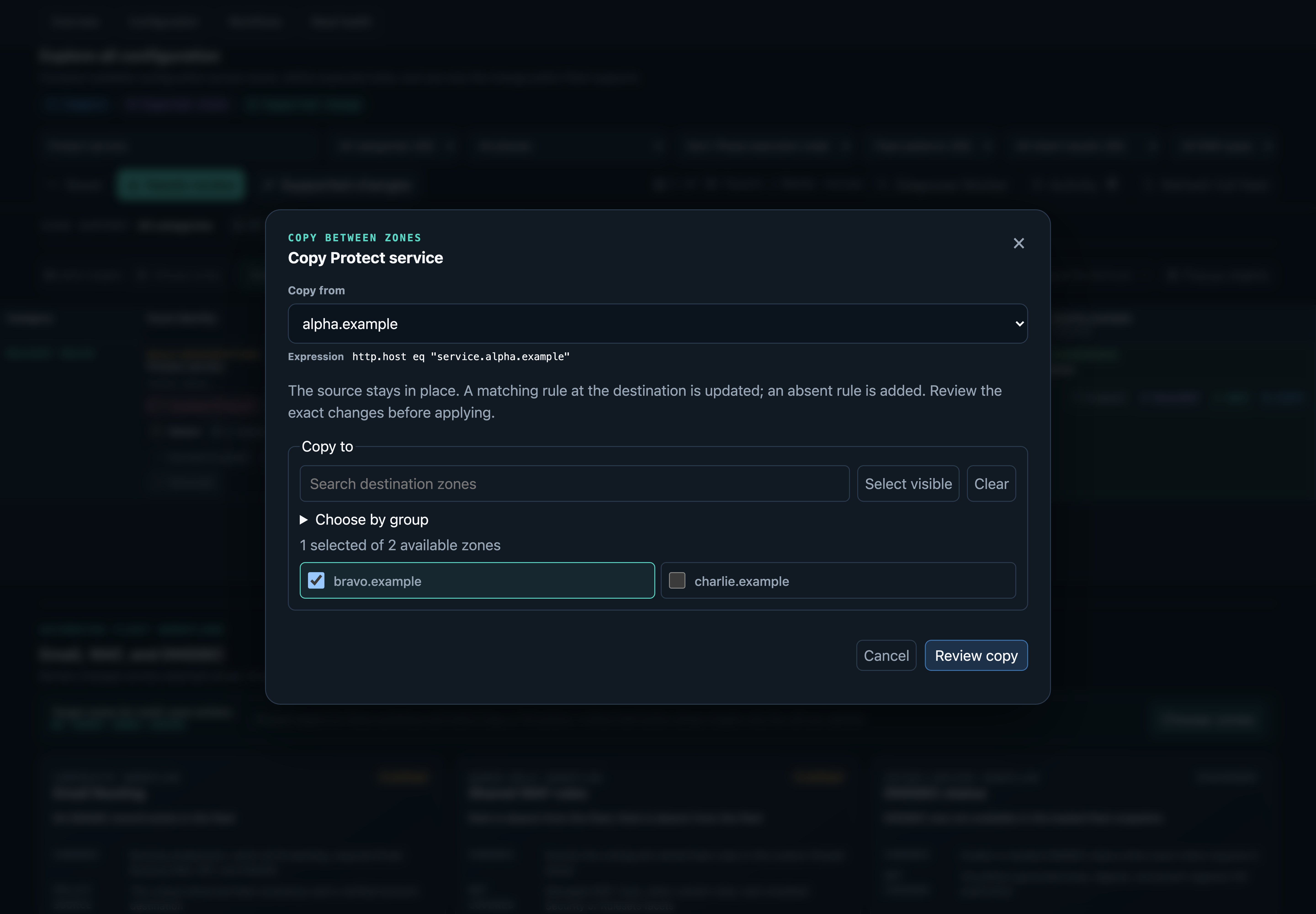 Rule copy dialog showing a source zone, searchable destination checkboxes, a rule summary, and Review copy.